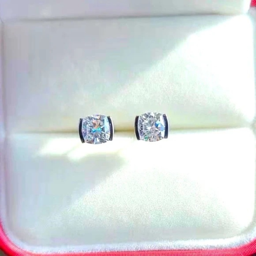 Solid 14k gold 1ct cushion moissanite half bezel earrings